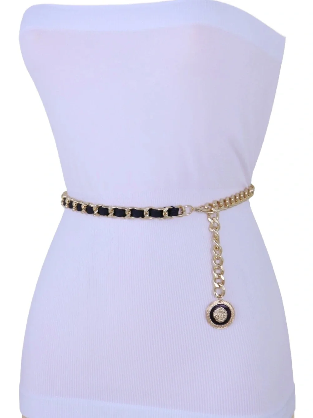 Women Gold Metal Chain Black Designer Style Fashion Belt Lion Charm Coin